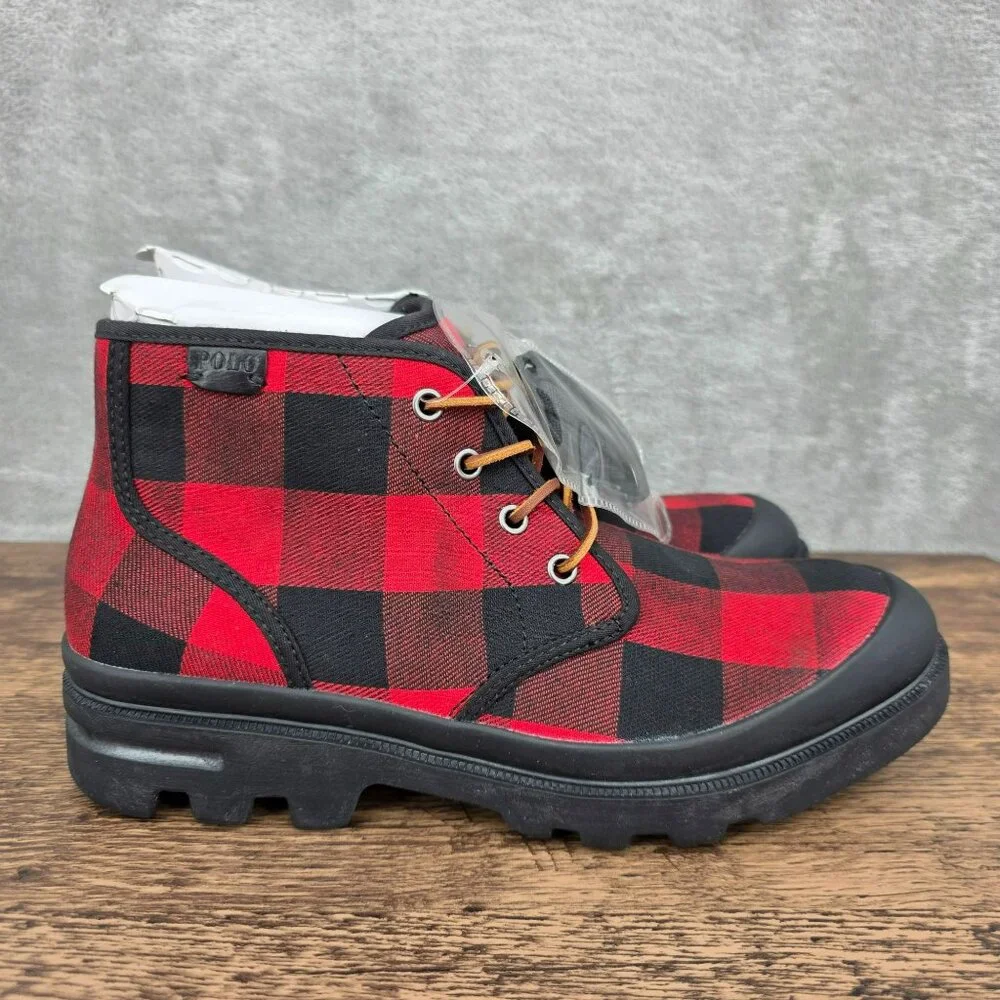 Polo Ralph Lauren Umar Buffalo Plaid Boots 9.5 Black Red Ankle Rugged Laces New